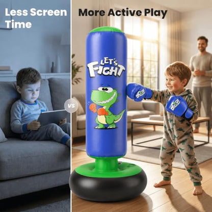 Inflatable Punching Bag, 48" Punching Bag for Kids with Boxing Gloves, Stable Boxing Set for Karate, Taekwondo,Dinosaur Toy & Gifts for Boys 3 4 5 6 7 8 Year Old - color: Blue
