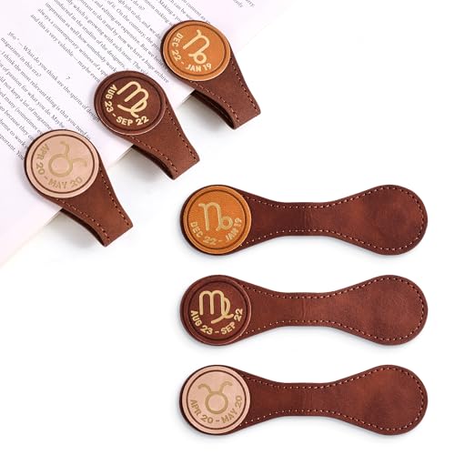 3 PCS Leather Magnetic Bookmark Clips, Zodiac PU Leather Bookmarks for Book Lovers, Full Set of Book Clip Accessories, Earth Sign - style: Earth Signs Constellation
