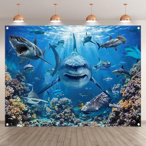 8x6ft Shark Theme Under the Sea Photography Backdrop | Underwater World, Kids Party Supplies, Aquarium Coral Reef Shallows Banner, Deep Ocean Photo Booth, Polyester, Grommets, 1PC - size: 8'x6'