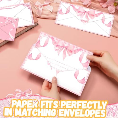 TaoBary 160 Pcs Stationery Paper Set 50 Double Sided Stationery Papers with 50 Matching Envelopes and 60 Round Dot Sticker, 10 Design(Pink Bow,8.5 x 11 Inch) - size: 8.5 x 11 Inch, style: Pink Bow