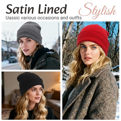 PFFY Satin Lined Beanie for Women Winter Hats Warm Reduce Frizz - color: Beige
