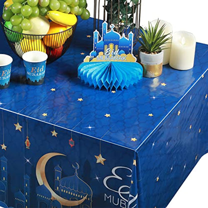 Tiamon 3 Pieces Eid Mubarak Tablecloth Plastic Ramadan Table Cover Decorations Rectangular Eid Mubarak Table Cloths Eid Mubarak Party Supplies Favors for Ramadan and Eid, 54 x 108 Inch(Blue)