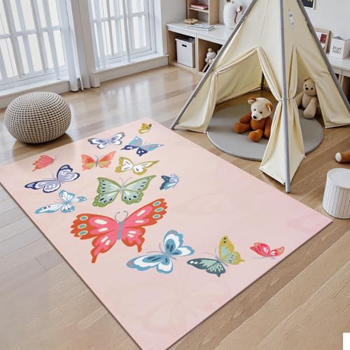 STARUIA Washable Pink Rugs for Girls Bedroom, 4x6 Soft Butterfly Rug Kids Rugs for Playroom Nursery, Non Slip Kids Carpet for Kids Room Daycare Tent Dorm Castle Indoor Decor - color: Pink2, size: 4x6