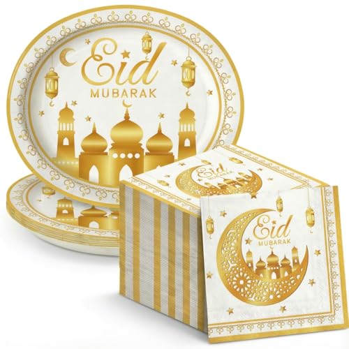Dereinwo 50 Pcs Ramadan Eid Mubarak Large 12" x 10" Oval Paper Plates and Napkins Disposable Heavy Duty Paper Plates and Napkins for Ramadan Eid Mubarak Party Supplies - style: Eid Mubarak