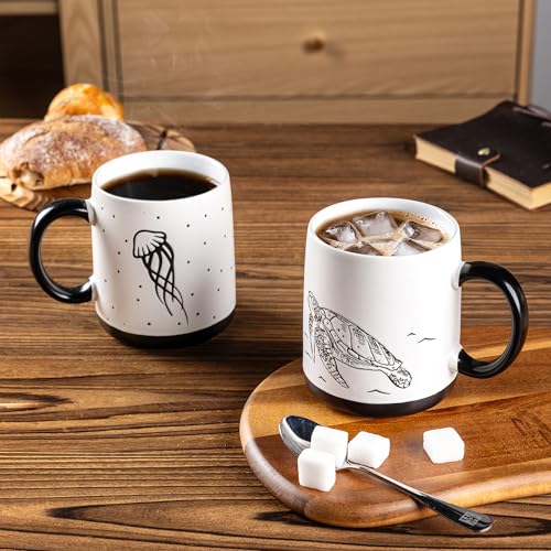AmorArc Large Coffee Mugs Set of 6, 18oz Ceramic Coffee Cups with Sea Life Textured Patterns for Tea Latte Cocoa. Easy to Hold&Clean, Dishwasher&Microwave Safe, Matte - color: Matte White-Black Pattern
