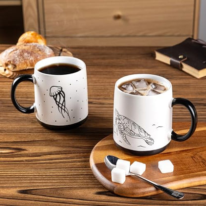 AmorArc Large Coffee Mugs Set of 6, 18oz Ceramic Coffee Cups with Sea Life Textured Patterns for Tea Latte Cocoa. Easy to Hold&Clean, Dishwasher&Microwave Safe, Matte - color: Matte White-Black Pattern