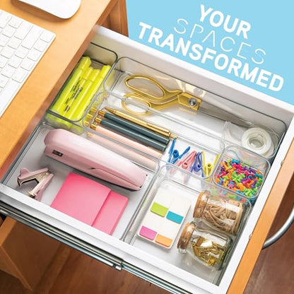 primebox Plastic Clear Drawer Organizers. Bathroom, Kitchen, Bedroom, Jewelry, Office Organizer Bins, Storage Trays. Heavy Duty, Stackable. 9" x 3" x 2" Set of 6 - size: 9" x 3" x 2"