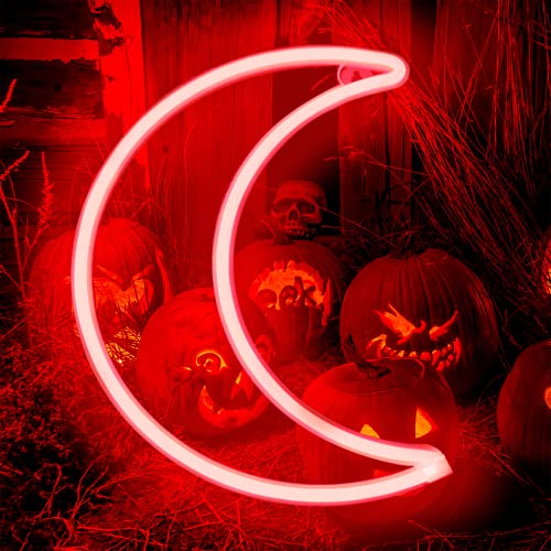 LED Red Moon Neon Sign Light, Battery or USB Powered 5V Cute Room Decor - color: Red