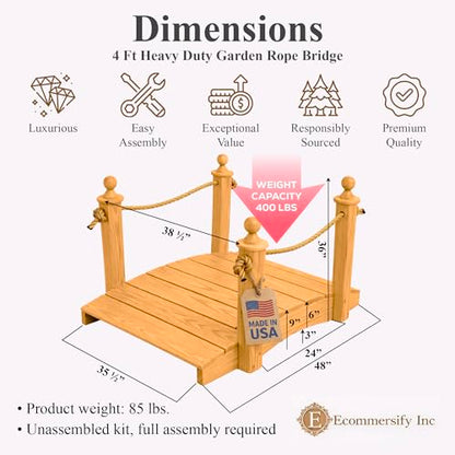 4 FT Oak Amish Rope Rail Garden Bridge, Pinewood - size: 4 FT Bridge & Rope
