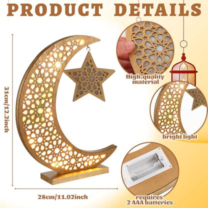 Cinnvoice Ramadan Decorations Moon Ramadan Lights for Table Home 2026, Crescent Lunar Moon Lamp for Eid Mubarak Decor Eid Ul Fitr Lamp Gifts Bedroom Livingroom(Wooden,Classic Style) - style: Classic Style