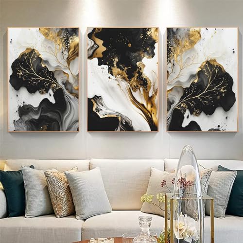 Black and Gold Leaf Wall Art - Abstract Painting With Grey and White - Modern Luxury Poster - 16x24 Inch - color: Black