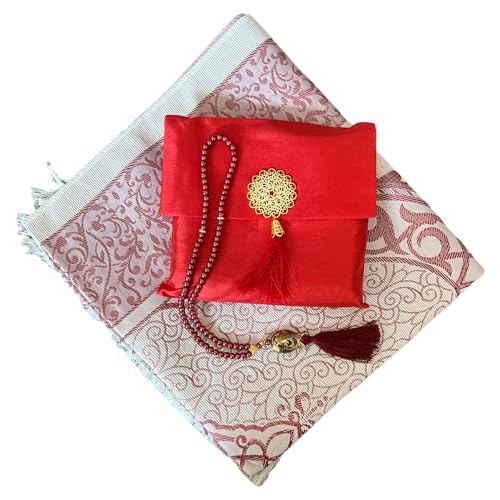 Muslim Prayer Rug and Beads with Elegant Slub Fabric Bag | Janamaz | Sajadah | Soft Islamic Prayer Rug | Islamic & Mawlid Gifts | Prayer Carpet Mat, Taffeta Fabric (Red, 1 Sets) - color: Red, size: 1 Sets