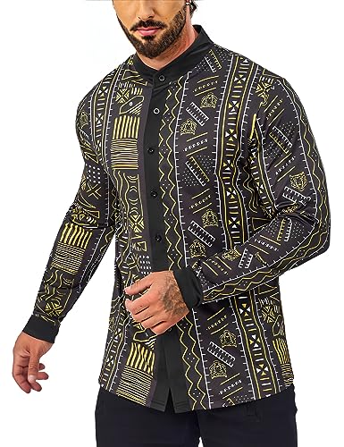 African Shirt Men African Attire Print Long Sleeve Dashiki for Men - color: Gold Black Geometric Print-long Sleeve, size: Medium