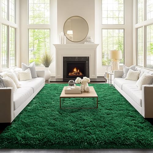 9x12 Dark Green Fluffy Shaggy Area Rug, Soft Large Carpet for Living Room - color: Dark Green, size: 9' x 12' (Rectangular)