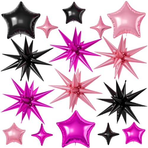 Black Hot Pink Star Balloons, 22/18/10 Inch Foil Balloons, Four-Pointed Balloon for Women Girl Mermaid Birthday Graduation Wedding Baby Shower Magic Party Decorations - color: Black Hot Pink