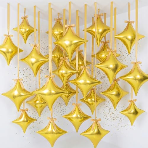 TaoBary 30 Set Gold Star Balloons, 26 Inch Large Four Angle Star Shape Foil Helium Balloons and Satin Ribbon Bows with Twist Tie for Birthday Anniversary Baby Shower Wedding Decorations - color: Gold