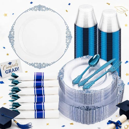 Hioasis 175pcs Clear and Blue Plates - Blue Party Plates for 25 Guest, Include 50 Heavy-duty Plates(20% Thicker Than Standard), 25 Pre Rolled Gold Plastic Silverware Set, 25 Cups for Graduation - color: Clear and Blue