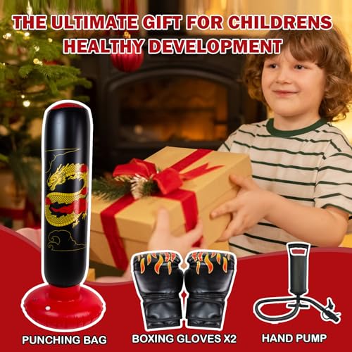 Onirii 66 Inch Kids Inflatable Punching Bag | Large Stable Kids Inflatable Boxing Bag Toy Set with Gloves for Boys & Girls Age 3-12 for Taekwondo,MMA and Practicing Karate - color: Golden Dragon