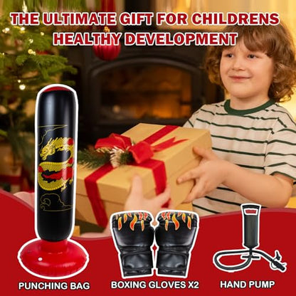 Onirii 66 Inch Kids Inflatable Punching Bag | Large Stable Kids Inflatable Boxing Bag Toy Set with Gloves for Boys & Girls Age 3-12 for Taekwondo,MMA and Practicing Karate - color: Golden Dragon