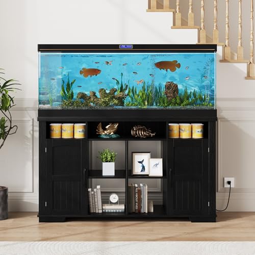 55-75 Gallon Fish Tank Stand with Power Outlet, Farmhouse 75 Gallon Aquarium Stand with Cabinet for Fish Tank Accessories Storage, Shelf, for Turtle Tank, Reptile Terrarium, 1000 LBS (Black-1) - color: Black-1