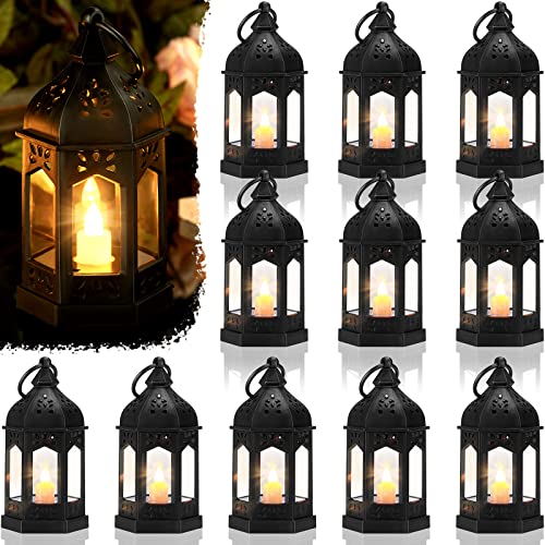 Cunhill 12 Pieces Mini Lanterns with Flickering LED Candle Vintage Decorative Hanging Candle Lanterns for Ramadan Wedding Decorations Party Table Centerpiece, Battery Included(Black) - color: Black