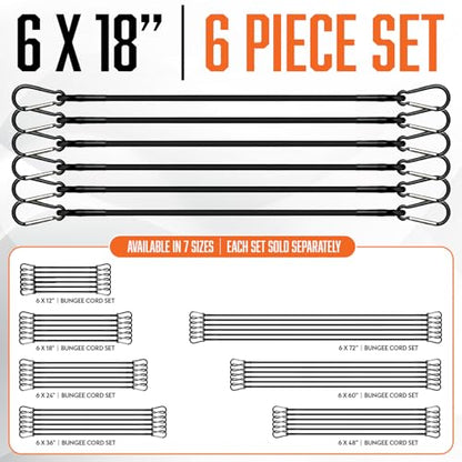 18 Inch Bungee Cords with Carabiner Hooks - 6Pcs Heavy Duty Outdoor | Black Bungee Cords with Hooks - Strong Bungie Straps UV & Weather Resistant - Bungy Cords 200lb Strength - size: Black 18'' (6 Piece)