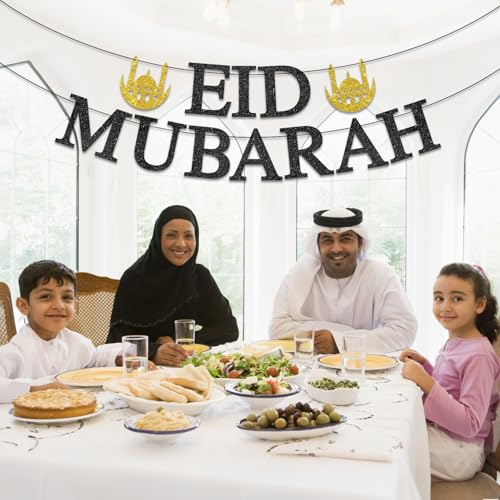 Eid Mubarak Banner - Happy Eid Decor, Ramadan Mubarak Decor, Muslim Islamic Eids Festival Party Decorations Gold Glitter
