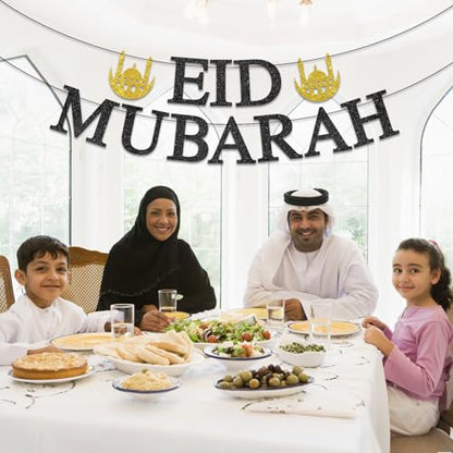 Eid Mubarak Banner - Happy Eid Decor, Ramadan Mubarak Decor, Muslim Islamic Eids Festival Party Decorations Gold Glitter