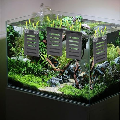 4 PCS Aquarium Plant Holder with Suction Cups, Fish Tank Plant Holder | Fish Tank Hanging Pots with 24 Hooks and 8 Suction Cups, Aquatic Plant Pots for Aquarium Decorations Plants
