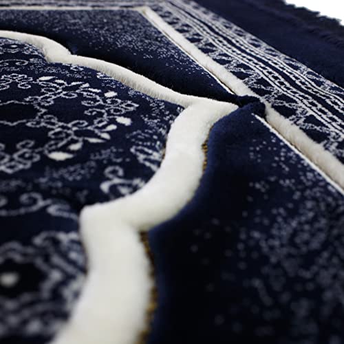 Modefa Turkish Islamic Prayer Rug - Soft Velvet Janamaz Praying Carpet - Comfortable Muslim Praying Mat for Men & Women - Ramadan or Eid Gift - with Kufi Prayer Cap - Elegant Swirl (Dark Blue) - color: Dark Blue