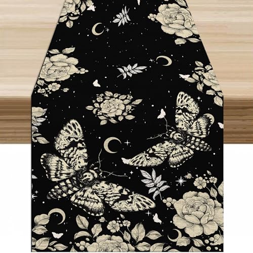 Moth Moon Table Runner,Fantasy Bohemian Nature Floral Starry Sun and Moon Gothic Skull Moth Butterfly Table Top Restaurant Dining Kitchen Wedding Party 13x36 Inch - color: Moon Style-31, size: W13X L36