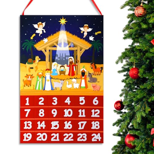 Wonderjune Nativity Advent Calendar Christmas Felt Hanging Advent Calendar Craft Religious Jesus Christian Nativity Scene Countdown to Christmas with 24 Ornaments Pockets Xmas Holiday Wall Decoration