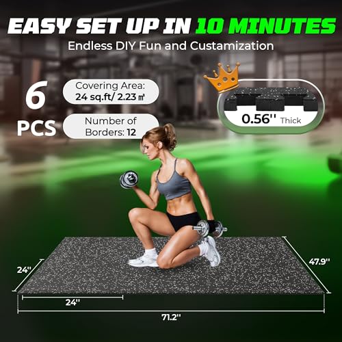 0.56" Rubber Top Gym Flooring, Heavy Duty Interlocking Gym Mats for Home Gym, Non-Slip Workout Mat, 24 x 24in Large Gym Floor Mat, Protect Floors from Weights & Equipment, 24 Sq Ft, Black/Grey - size: 6 Tiles (24 Sq Ft)