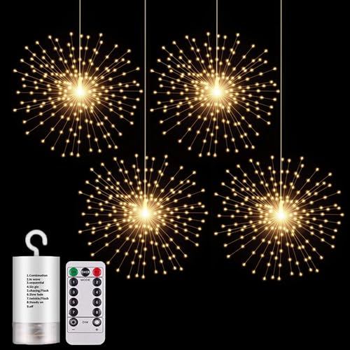 SHUKAN 4 Pack 800 LED Starburst Sphere Lights,Firework Light Remote Control - color: Warm White, size: 4*17 inch