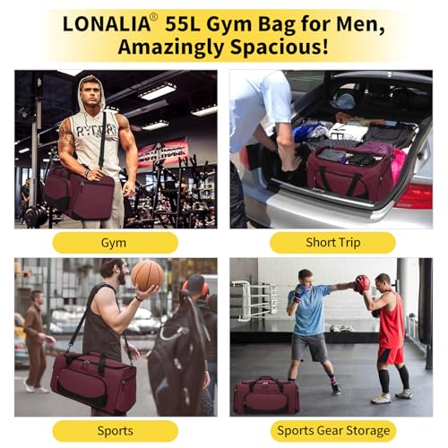 55L Large Sports Duffle Gym Bag for Men, Maroon | Heavy Duty, Multi Pockets, Roomy, 22 inch - color: Maroon