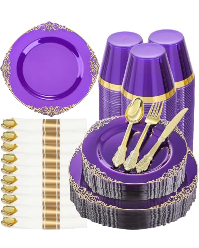 Goodluck 175 Piece Clear Purple Plastic Dinnerware Set for 25 Guests - color: Purple, size: 25 Guests