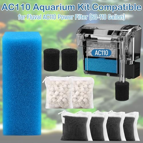 Aquarium Media Maintenance Kit Replacement for Fluval AC110 Power Filter | Includes 1 Blue Foam Filters, 2 Intake Strainer Sponge,2Pack Ceramic Rings and 4 Pack Activated Carbon