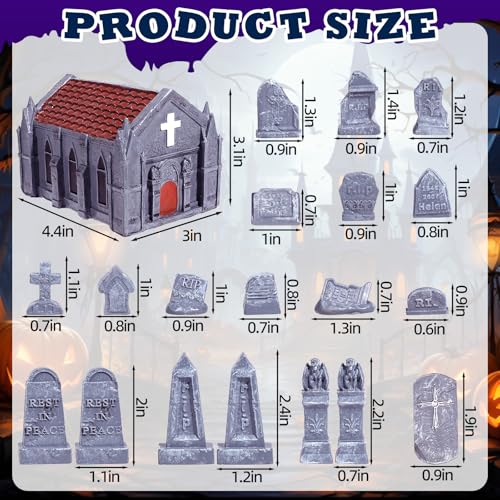 Rileryan 20 PCS Miniature Gravestone Tombstones Figurines | DIY Graveyard Cemetery Scenes Gargoyle Church for Halloween Village Decorations Accessories Haunted Scenery Terrain
