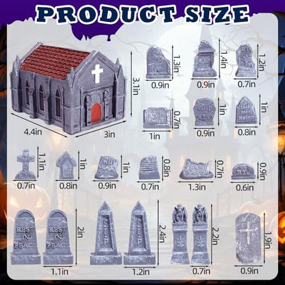 Rileryan 20 PCS Miniature Gravestone Tombstones Figurines | DIY Graveyard Cemetery Scenes Gargoyle Church for Halloween Village Decorations Accessories Haunted Scenery Terrain