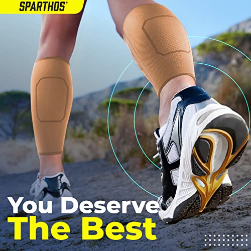 Sparthos Calf Compression Sleeves, Shin Splint Relief Men, Women - Beige-M | Leg Compression Sleeves (1 Pair), Varicose Veins, Pain & Cramp Recovery, Air Travel, Nurses, Maternity, Running, Soccer - color: Desert Beige