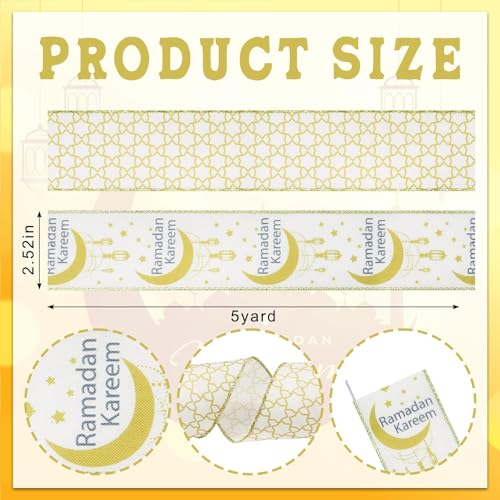 Threetols 2 Rolls 10 Yards Ramadan Mubarak Wired Edge Ribbons, 2.5inch White Gold Moon Burlap Ribbon, Lantern Mesh Ribbon for Eid Islamic Muslim Mosque DIY Craft Wreath Bow Wedding Party Decor