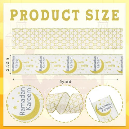Threetols 2 Rolls 10 Yards Ramadan Mubarak Wired Edge Ribbons, 2.5inch White Gold Moon Burlap Ribbon, Lantern Mesh Ribbon for Eid Islamic Muslim Mosque DIY Craft Wreath Bow Wedding Party Decor