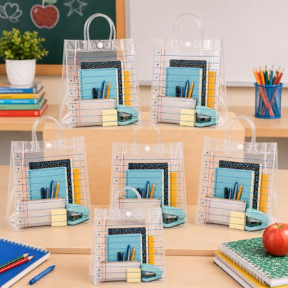 Cinrobiye 24 Pcs Back to School Notebook Paper Gift Bags with Handles, Clear Reusable Student Welcome Bags for Classroom Prizes, Teacher Supplies, Classroom Goodie Bags & First Day of School Favors - color: Blue and white
