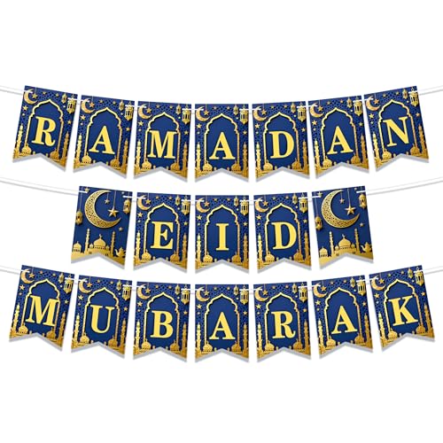 2 in 1 Ramadan Eid al Fitr Banner, Featuring Blue and Gold Moon and Star Lantern Patterns, Perfect for Muslim Parties