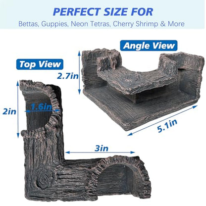 Fish Tank Decorations, 5.1" x 2" x 2.7" Resin Tree Bark Dual-Hole Aquarium Cave, Perfect Hiding Spot for Guppies, Neon Tetra, Cherry Shrimp