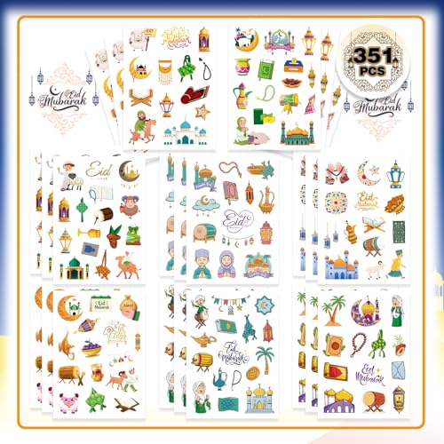 350PCS Eid Mubarak Stickers for Kids Ramadan Kareem and Eid Stickers Sheets رمضان مبارك Holy Kaaba Quran Ramadan Decoration Gift Tag Mubarak Sticker - style: Eid Mubarak Stickers