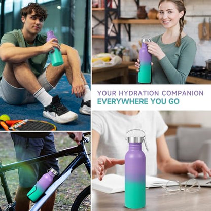 Volhoply 26oz Uninsulated Single Walled Water Bottle, Stainless Steel Reusable Water Bottles with Handle & Carabiner, BPA Free Wide Mouth Water Bottles for Gym Sports Camping（Purple Green,1） - color: Purple Green