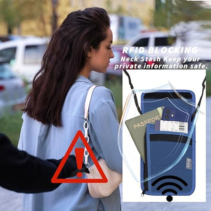 Travel Neck Wallet with RFID Blocking – Passport Holder Organizer Neck Pouch – Portable Easy to Conceal Travel Pouch (Dark Blue) - color: Dark Blue