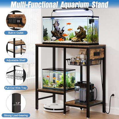 20 Gallon Fish Tank Stand with Power Outlet & Adjustable Shelves | Metal Aquarium Stand with Pull Out Wire Tray, Ample Storage for Fish Tanks Accessories, Reptile Tank Stands, Brown