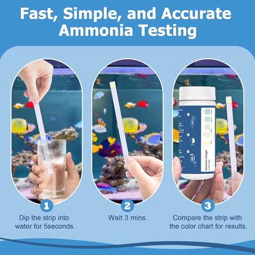 Ammonia Test Strips for Fish Tank: 100 Count Aquarium Ammonia Test Strips for Saltwater & Freshwater Aquariums & Ponds – Ammonia Test Kit with Test Tube Thermometer Stick - size: 1 in 1 - 100 Count